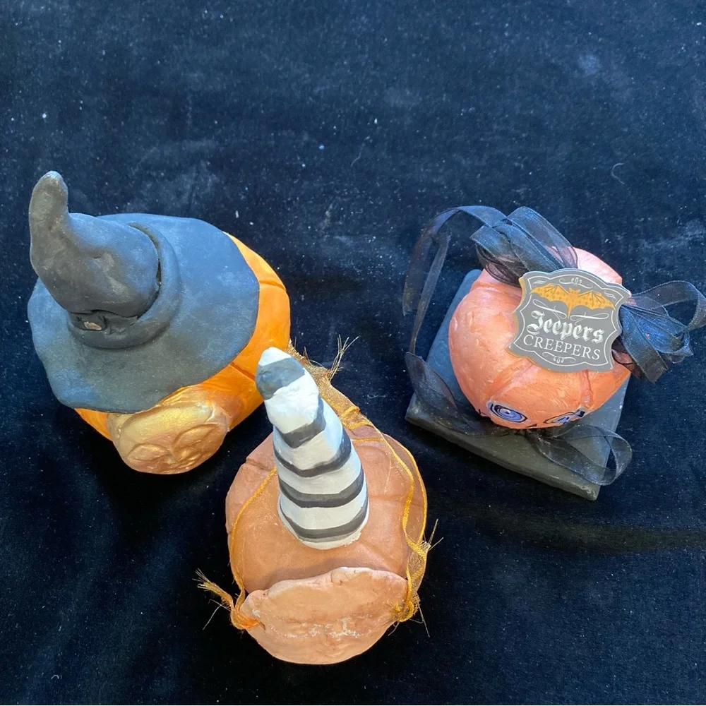 Halloween Three Handmade Folk Art Original Terracotta Ceramic Halloween Pumpkins